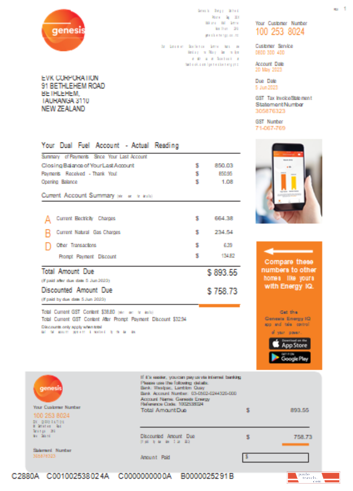 Genesis Gas utility business bill, Word and PDF template, page 1 SCR PSD template